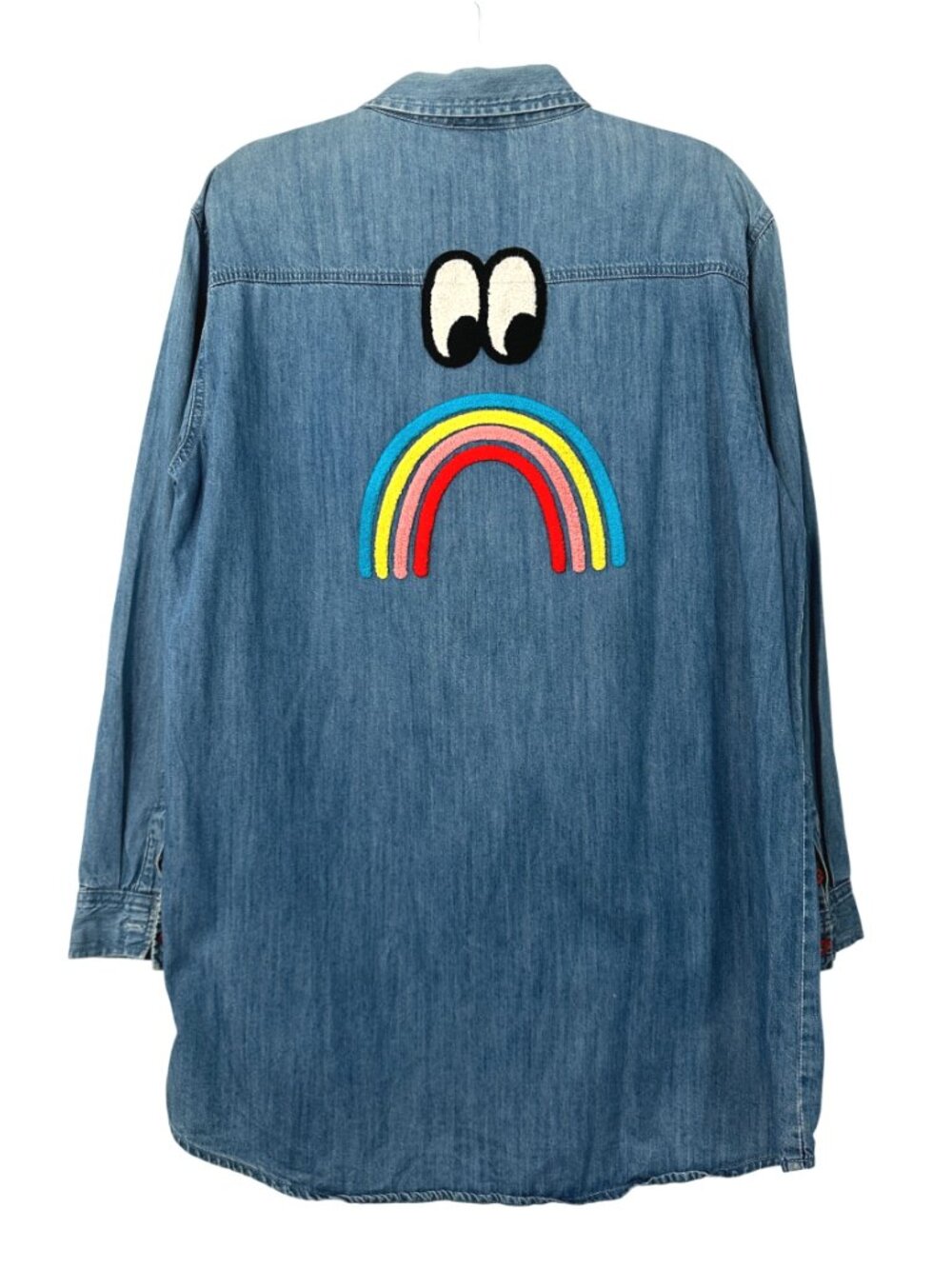 Lazy Oaf Sad Rainbow Shirt Oversized Blue Denim Eye Embroidery Whimsical SM - Picture 5 of 9